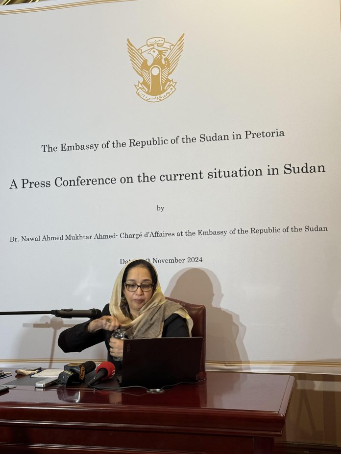 **Caption:** Dr. Nawal Ahmed Mukhtar Ahmed, Sudanese Charge d’Affaires in Pretoria, addresses the media at a press conference at the Sudanese Embassy in South Africa on 11 November 2024.